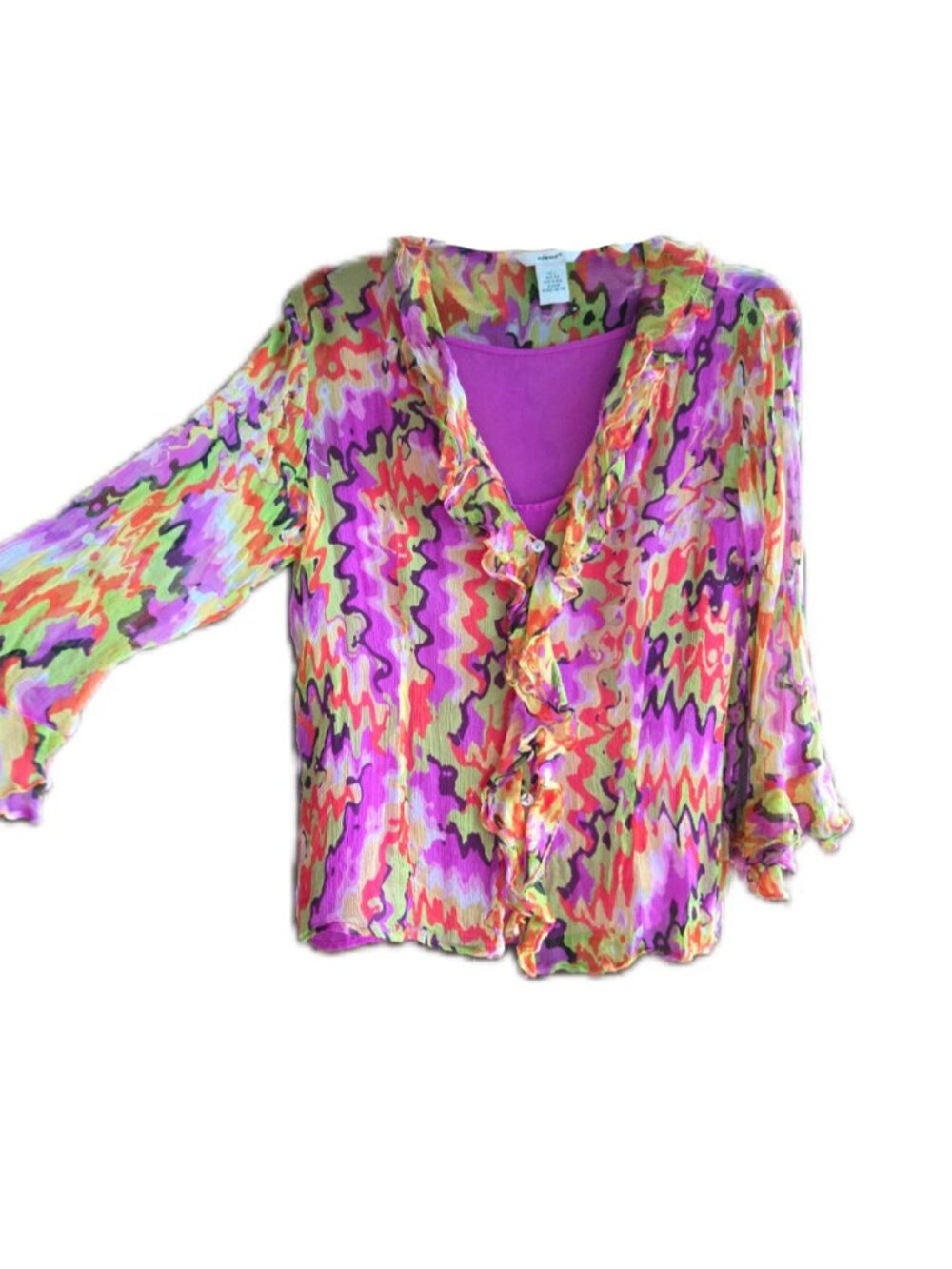 Bright  Vintage 100% Silk Edward Blouse & Camisole Set Abstract Print Large